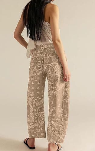 loveimgs Women Boyfriend Baggy Barrel Jeans Floral Print Denim Ankle Pants Wide Leg Mid Rise Jeans Sweatpants Y2k Patchwork thumbnail 4