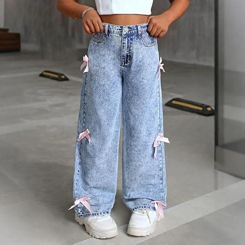 Godalithic Bow Jeans for Girls Wide Leg Kids Baggy Flare Denim Pants High Waisted Cute Clothes Y2k Outfits with Pockets 6-14Y thumbnail 2