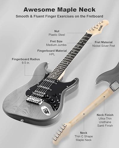 RVONE RST-150 39" Beginner Electric Guitar Kit with Amp & HSS Pickups | Complete Starter Set for Newcomers w/Essentials | Gig Bag, Extra Strings, Digital Tuner, Capo, Strap | Home Practice (Black) thumbnail 5