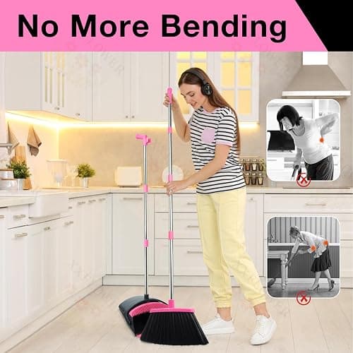 XXFLOWER Broom and Dustpan Set, Long Handle Lightweight Dustpans with Broom Combo for Home, Indoor&Outdoor Sweeping for Home Room Kitchen Office Lobby (Black Pink) thumbnail 7