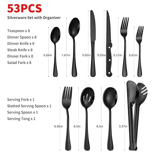 53PCS Black Silverware Set for 8 with Cutlery Drawer Organizer, Stainless Steel Flatware Set with Steak Knives, Include Spoons and Forks Set & Serving Utensils, Mirror Polished thumbnail 4