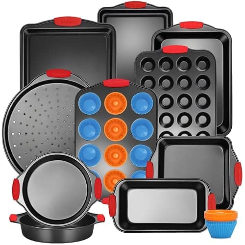 Ymiton Baking Pans Set with Silicone Handles, 34 PCS Nonstick Bakeware Sets, Oven Pan Set Includes Baking Tray, Cookie Sheet, Cake Pans, Loaf Pan, Muffin Pan, Pizza Pan - Image 1