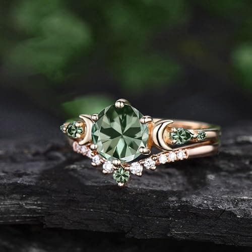 LELOUCHY 10K 14K 18K Rose Gold 2CT Gemstone Engagement Ring Set for Women 925 Sterling Silver 8mm Round Gemstone Triple Moon Goddess Art Deco Bridal Wedding Ring Set (Size 4-15) thumbnail 2