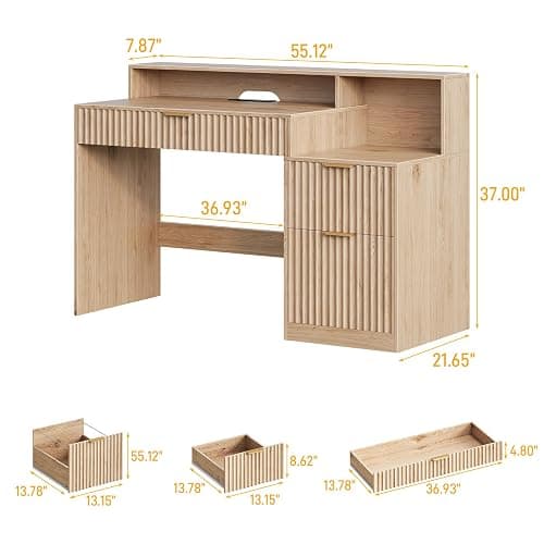 Vabches Fluted Computer Desk with Drawers, Home Office Desk with Power Outlets, Printer Stand and Storage Cabinet, Study Writing Desks with Long Monitor Stand, Oak thumbnail 2