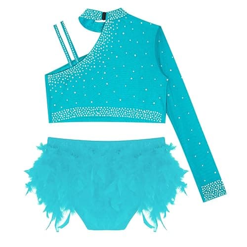 Aislor Girls Crop Top with Feather Briefs Irregular Shoulder Dance Outfits 2 Piece Jazz Latin Dance Costume thumbnail 3