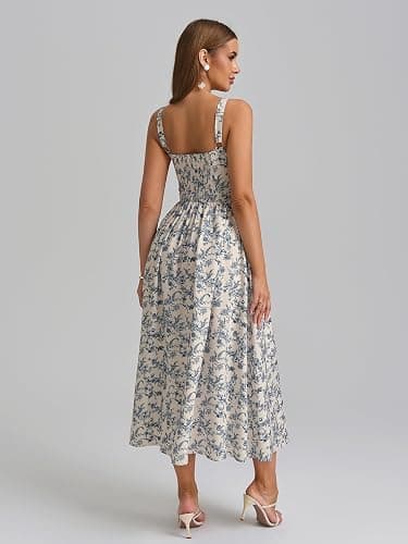 KUTUMAI Floral Corset Midi Dress Flowy Slit Summer Spring Wedding Guest Dresses for Women Sundress with Pockets thumbnail 3