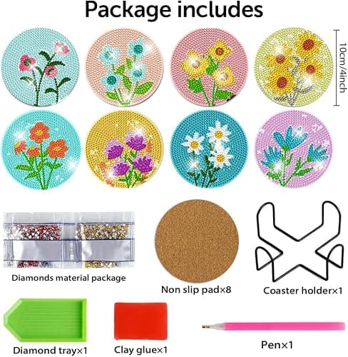 DOTZSO 8 Pcs Diamond Art Coasters Kit with Holder, Diamond Art Kits for Adults Beginners Small Diamond Painting Coasters, Arts and Crafts for Adults Supplies Item Sets (Flower) thumbnail 2