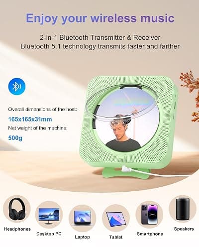 CD Player Portable Bluetooth Desktop CD Player for Home, Mini Cute CD Players for Kids, Built-in Dual Speakers and LED Display with Remote Control, Supports CD/FM Radio/USB/AUX/Timer/Repeat (Green) thumbnail 6