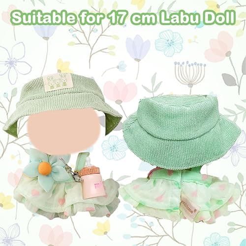 5 Pcs Doll Clothes for 17cm Dolls，Summer Youth Doll Clothes Accessories Set with 1 Green Strap Dress 1 Sunshade Hat 1 Bag 1 Bottle Decoration for Girls Boys Kids Birthday Gifts，No Doll thumbnail 4