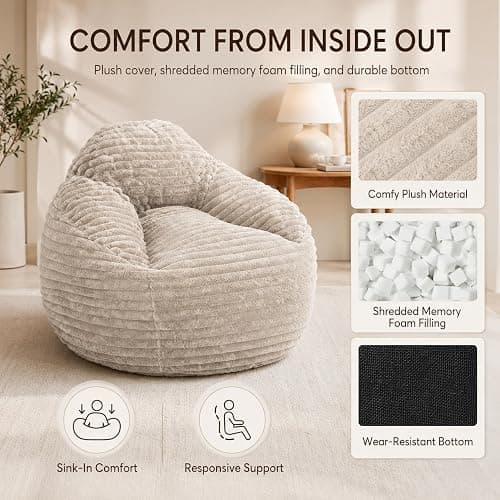 Simple Deluxe 3.25 ft Faux Fur Memory Foam Bean Bag Chair, Large Comfy Lazy Chair for Adult with Memory Foam Filled & Washable Cover, Perfect for Reading Gaming in Living Room Bedroom, Taupe thumbnail 6