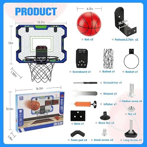 Basketball Hoop Indoor for Kids(4-12 Years Old), Over The Door Basketball Hoop with Scoring, Countdown and Music Accompaniment, Christmas Toys thumbnail 7