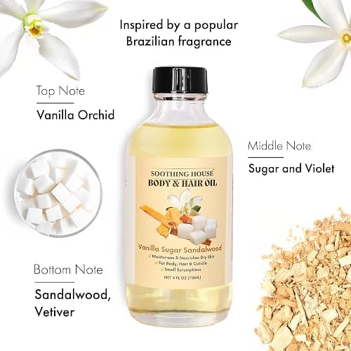 Soothing House Vanilla Sugar Sandalwood Body & Hair Oil – Inspired Warm Gourmand Scent – Hydrating & Nourishing Oil for Skin, Hair & Cuticles – Lightweight, Fast-Absorbing, 4 fl oz thumbnail 2
