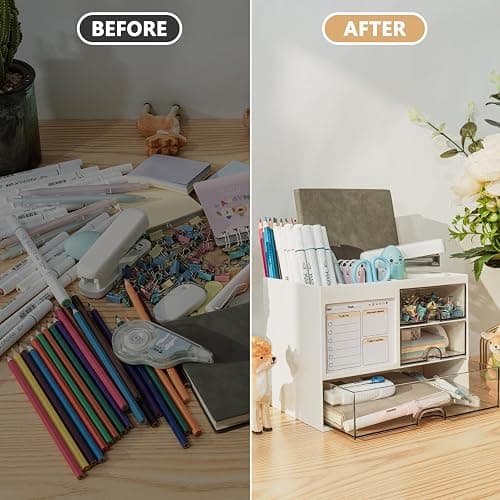 QIYVLOS Desk Organizer with 3 Drawer, Multi-Functional Pencil Pen Holder for Desk, Desk Organizers and Storage with 8 Compartments, Desktop Organizer for Office Home Art Supplies (White) thumbnail 5