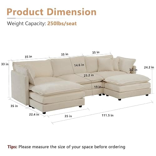 mikibama Modular Sectional Sofa, 111.5 Inch U Shaped Couch Set for Living Room, 3-Seater Comfy Cloud Couches with Movable Ottoman, DIY Combination, Chenille, Light Coffee thumbnail 2
