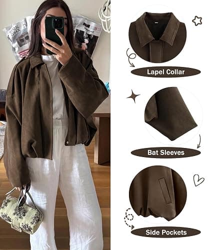 Bnigung Womens Faux Suede Bomber Jacket Oversized Long Sleeve Cropped Coat | Lightweight Going Out Suede Jackets, 2 Pockets, Lapel Collar, Batwing Sleeve, Zip up, Outerwear for Casual Daily Vacation thumbnail 4