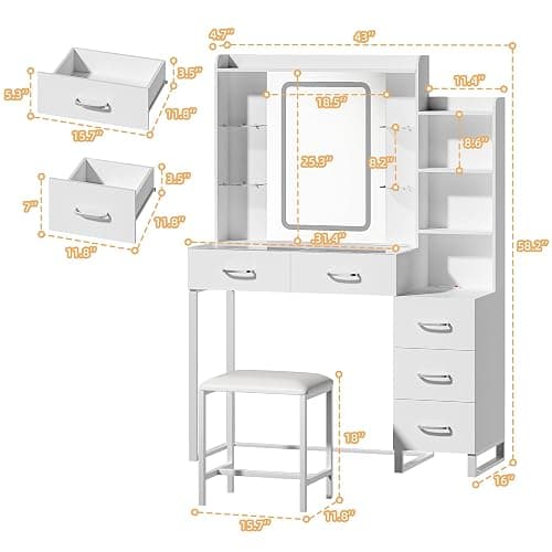 HUAHUU Vanity Desk with Mirror and LED Lights, 43" Makeup Vanity with Glass Top & Wireless Charging, Vanity with RGB Drawers, 3 Colors Light, Power Outlet Safety Switch for Bedroom, White thumbnail 2