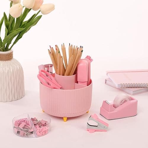 SKYDUE Pink Desk Accessories 10Pcs, Rotating Pen Holder for Desk, Stapler, Staple Remover, Tape Dispenser,2pcs Tape Refills, Binder Paper Clips Kit, Scissor,Pink Office School Supplies thumbnail 7