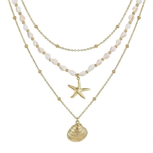 Seashell Starfish Necklace for Women Conch Shell Summer Pearl Beach 14k Gold Layered Dainty Choker - Image 1