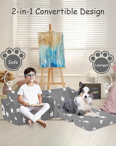 KokoSelene Toddler Couch, Kids Couch for Toddler Fold Out, 2-in-1 Convertible Kid Sofa to Lounger Bed for Girls and Boys, Ideal for Reading Sleeping Gaming Decor (Grey) thumbnail 4
