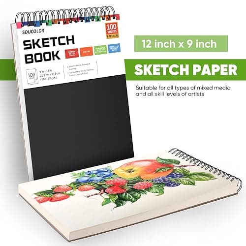 Soucolor Sketch Book, Spiral Bound Acid-Free Sketchbook with 68lb/100gsm for Paper Painting, Drawing, Writing, Artist Sketching Pad for Kids, Adults & Teens, 100 Sheets (Black, 9 x 12 Inch, Pack of 1) thumbnail 5