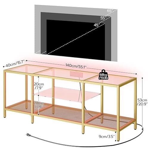 HOOBRO TV Stand with LED Lights and Power Outlets for TVs up to 65", Modern 55 Inch Tempered Glass TV Console Table with Open Shelves, Media Entertainment Center for Living Room, Gold GD145UDS01 thumbnail 3