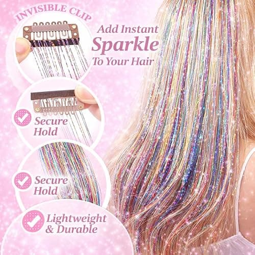 Hair Tinsel 12 Pcs Clip in Hair Tinsel Kit for Girls 22 Inch Glitter Fairy Tinsel Hair Extensions Colorful Heat Resistant Party Festival Accessories for Women (pink/multicolor-12 Pcs) thumbnail 2