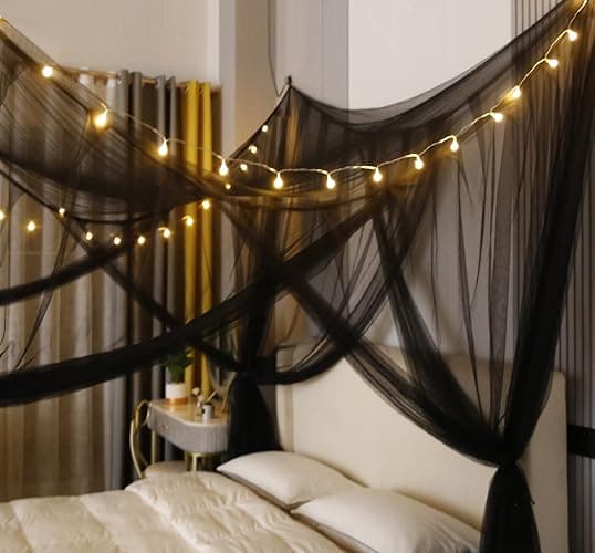 Mengersi Canopy Bed Curtains with Lights,Elegant Bed Canopy Curtains Bed Netting for Full Queen King Size Bed,Halloween Decoration,Gothic Black Room Decor Aesthetic thumbnail 4
