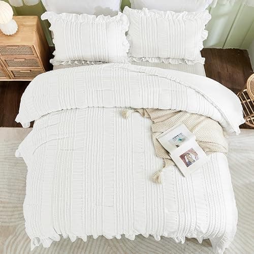 WONGS BEDDING White Queen Comforter Set,Boho Ruffle Comforter for Queen Bed,Soft Seersucker Shabby Chic Bedding Set with 1 Comforter,2 Tufted Pillowcases 90"×90" thumbnail 4