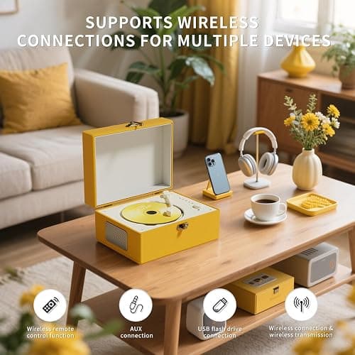 Yintiny Rechargeable Leather CD Player with Speakers; Bluetooth Transmitter; Festival Gift; BGM Player for Home Décor (Yellow) thumbnail 2