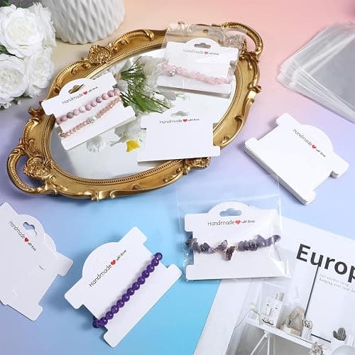 Piriuuo 50 Pcs Bracelet Display Cards with Clear Bags, Bracelet Packaging for Small Business Jewelry Display Card Handmade with Love Jewelry Tags for Selling Hair Ties, Bracelets, Necklace (White) thumbnail 5
