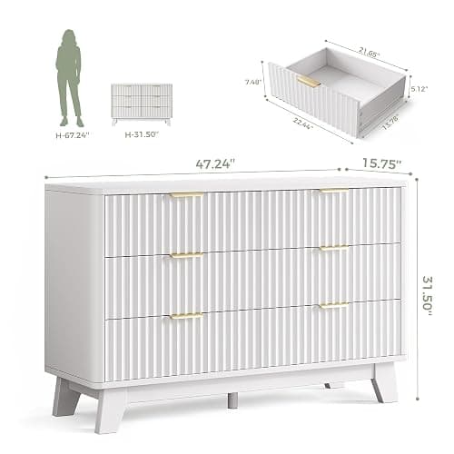 Jocoevol Fluted 6 Drawer Dresser for Bedroom, White | 47" Wooden Chest of Drawers with Curved Profile Design, Modern TV Stand with Metal Handle for Living Room/Hallway thumbnail 2