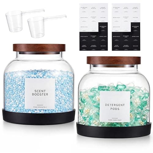 2 Pack Glass Laundry Pods Container with 30 Labels, Scoop, Base, 0.5 Gallon | Glass Laundry Detergent Container, Laundry Powder Canister Set for Detergent Pods, Powder and Laundry Room Organization - Image 1