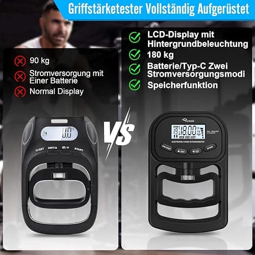 Ryaco Jauge de force manuelle numérique, 180 kg, dynamomètre à main rechargeable, force de préhension électronique, avec écran LCD, pour le sport, la maison, l'école, noir thumbnail 6