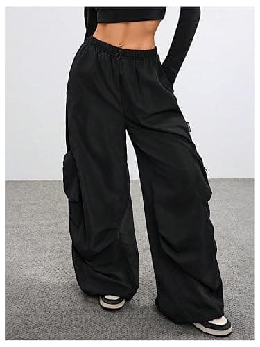 GORGLITTER Women's Parachute Baggy Cargo Pants Wide Leg Low Waisted Oversized Loose Drawstring Pants with Pockets thumbnail 4