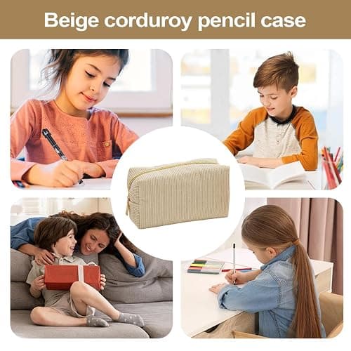 Corduroy Pencil Case, Large Capacity Beige Pencil Case for Girls, Cream Pencils Cases with Zipper, Solid Color Aesthetic Stationery Pouch, Stationery Organizer Pen Bag for School, Travel thumbnail 7