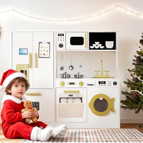 Kinder King Wooden Kids Play Kitchen Set, Cookware Accessories, White | Transparent Coloring Board, Pretend Fridge, Toy Kitchen Playset w/Washing Machine, Realistic Kitchen Sets Gift for Ages 3+ thumbnail 4