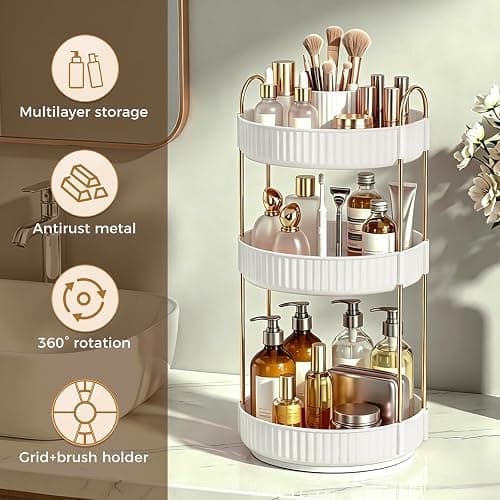 360° Rotating Makeup Organizer, Upgraded 3 Tier Skincare Perfume Organizers for Women, Bathroom Organizer Countertop, Clear Cosmetic Dresser Organizer with Makeup Brush Holder, Sink&Counter(White) thumbnail 5