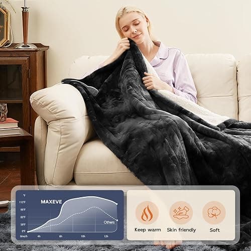 MAXEVE Electric Heated Throw Faux Rabbit Fur Blanket 8 Heating Levels | 8-Hour Auto Off, Fast Heating, Warm, Washable, Over-Heat Protection, ETL Certified, Grey thumbnail 9