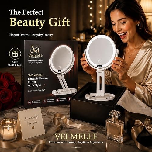 Travel Makeup Mirror with Lights, 1X/30X Double-Sided Magnifying Mirror | Velmelle Foldable Lighted Makeup Mirror with 2000mAh Battery, 3 Lighting Modes, Dimmable Touch Screen & Smart Display thumbnail 8