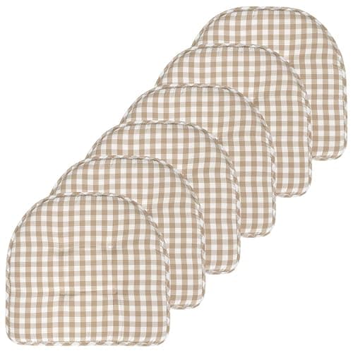 Sweet Home Collection Chair Cushion Memory Foam Pads Tufted Slip Non Skid Rubber Back U-Shaped 17" x 16" Seat Cover, 6 Pack, Checkered Taupe/White - Image 1