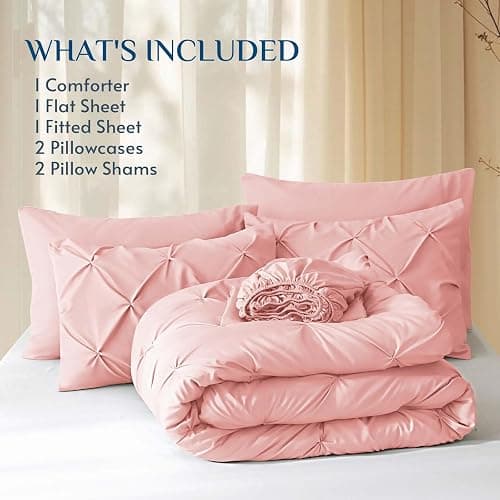 JOLLYVOGUE Pink Queen Comforter Set 7 Pieces, Pintuck Bed in a Bag Comforter Sets for All Season?Pinch Pleat Bedding Sets with Comforter, Flat Sheet, Fitted Sheet, Pillowcases & PillowShams - Pink - Queen(88"x 88") thumbnail 5