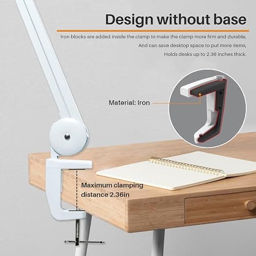 bemelux LED Nail Desk Lamp with Clamp, 117PCS LEDs, 2200 Lumens 20 Inch Metal Swivel Arm Dimming Task Lamp for Reading,Desktop Office,Workbench,Architect,Sewing,Study,Home Craft and Nail(White) thumbnail 5