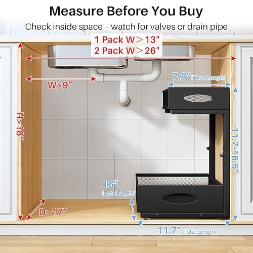Under Sink Organizer, 2 Pack 2 Tier Pull Out Under Cabinet Organizer Shelf with Pad for Framed Cabinets, Metal Slide Out Under Sink Storage, Mesh Sliding Drawers for Kitchen Bathroom Laundry, Black thumbnail 2