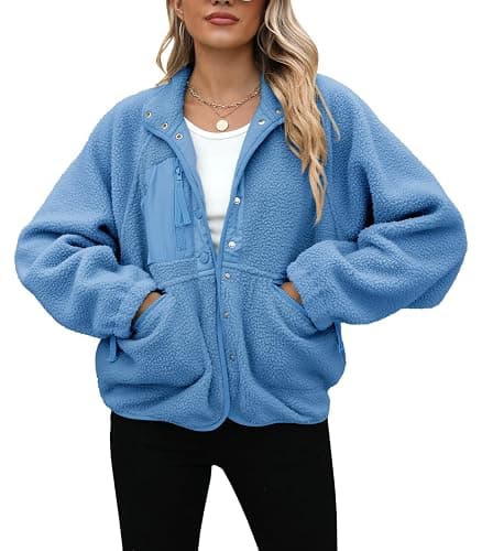 Yanekop Womens Fleece Jacket Fuzzy Long Sleeve Short Winter Coats Button Down Sherpa Jacket Outerwear with Pockets thumbnail 3
