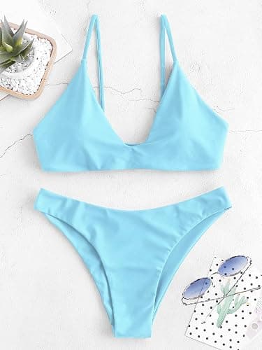 ZAFUL Women's Tie Back Padded High Cut Bralette Bikini Set Two Piece Swimsuit thumbnail 3