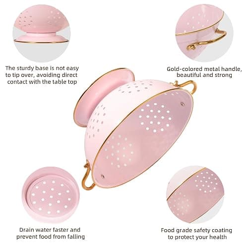 BeFare Metal Colander Set of 2, Strainer Basket with Handles 3.5 & 5 Qt Powder Coated Self-draining Solid Ring Base Metal Large Kitchen Colander Bowel for Pasta Vegetable Fruit (PINK), 2pack thumbnail 5