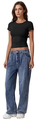 QINSEN Short Sleeve Shirts for Women Round Neck Basic Double Lined Tees Fitted Y2k Crop Tops thumbnail 6