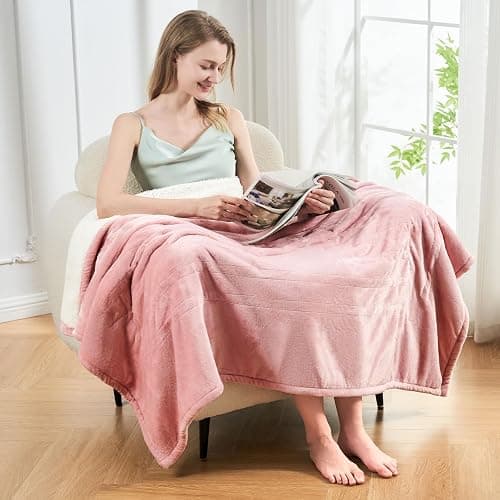 PTQ Electric Heated Blanket,Flannel & Sherpa Heated Throw Blanket 50"x60",Fast Heating Soft Fleece Blanket with 6 Heating Levels & 4H Auto Off-Pink thumbnail 2