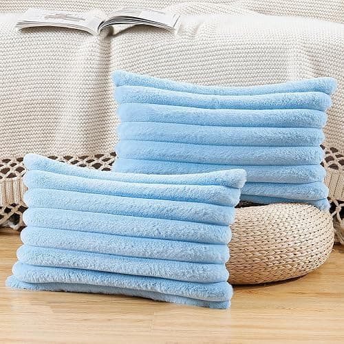 MADIZZ Set of 2 Faux Wool Plush Decorative Throw Pillow Covers 12x20 Inch Light Blue Fluffy Striped Soft Decorative Cushion Cover for Sofa Bedroom Pillow Shell - Light Blue - 20" x 12" (Pack of 2) - Image 1