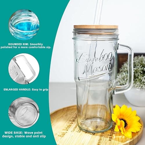 ANOTION Glass Cups with Lids and Straws - 24oz Tumbler with Handle Coffee Cups Glass Straws Glasses Mason Jar Cups Drinking Set Kitchen Essentials Coffee Bar Accessories House Warming Gifts New Home thumbnail 5
